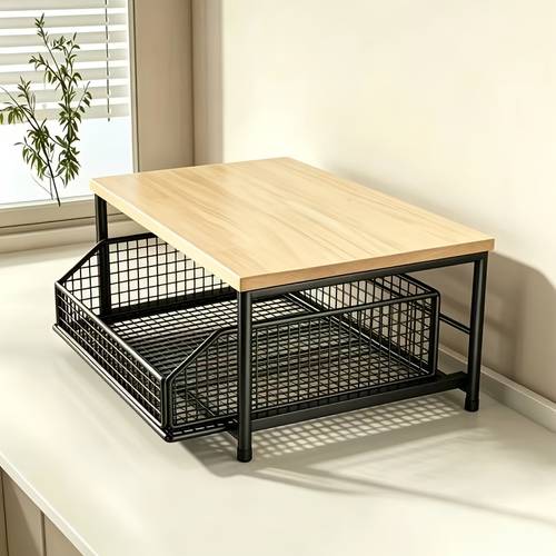 item picture kitchen counter storage rack with metal drawer solid wood metal pull out organizer for coffee maker microwave and tableware modern black white standing shelf