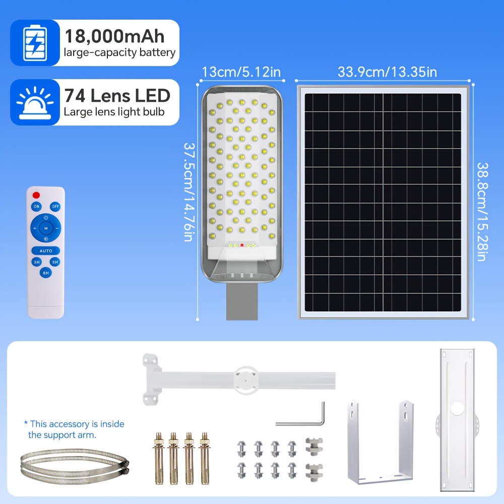 TEMU 1pc Solar Outdoor Light, Led Solar Street Light, Ip65, With Remote Control, 18000mah Large Capacity Battery, Dusk To Dawn, High-brightness