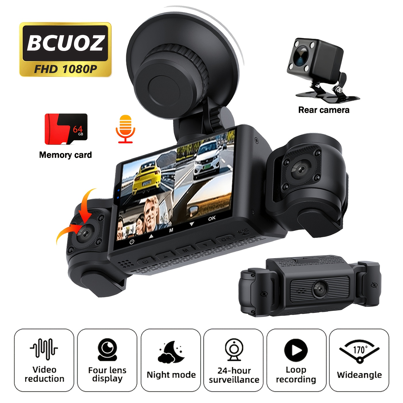 Image of Bcuoz 360° Panoramic 3/4-channel Dash Cam, 1080p Front 720p , , Vision, Wdr, , Loop Recording, 24h Parking Monitor, Car Accessories/car Dashcam, Optional No Card/64gb Memory Card.