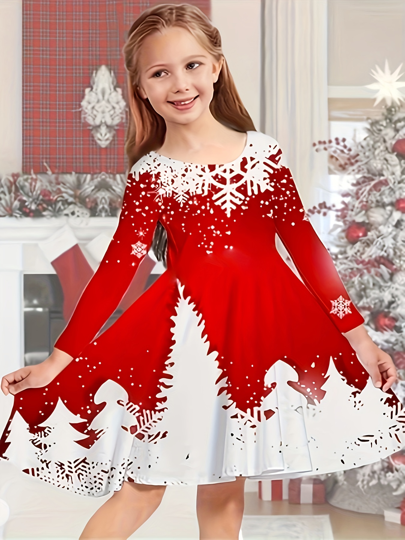 christmas girls dresses big elk pattern casual long sleeve - Temu Belgium