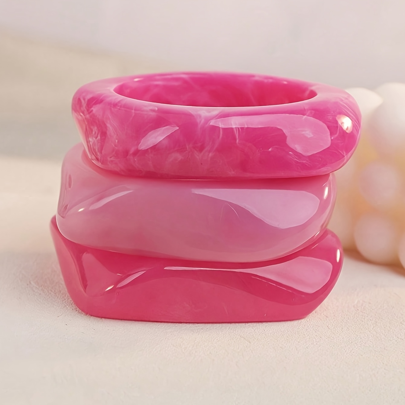 3pc Pink Square Resin Bracelet Set, Casual Gifting