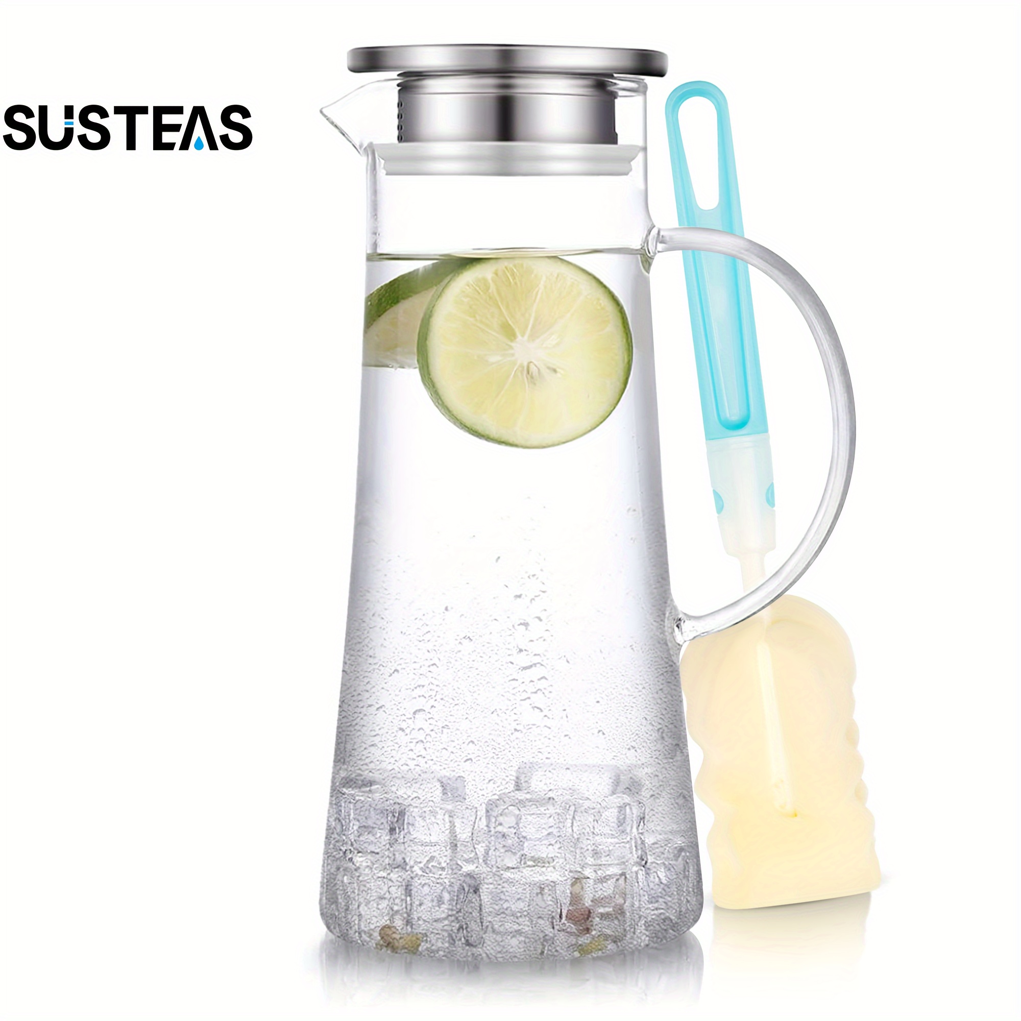 

Susteas 1.5 Liter 51oz Glass Pitcher With Lid, Easy Clean Heat Resistant Carafe With Handle For Hot/cold Beverages - Water, Cold Brew, Iced Tea & Juice, 1 Free Long-handled Brush Included