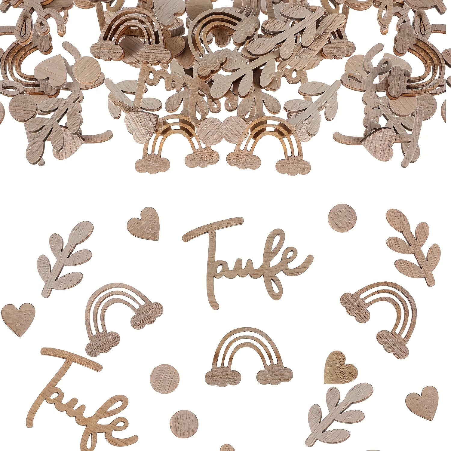 Image of 120pcs Wooden Confetti Baptism Decor - Natural Wood Chips With Heart, Leaf & Rainbow Designs For Diy Communion & Baptism Party Decorations, Baptism Decorations