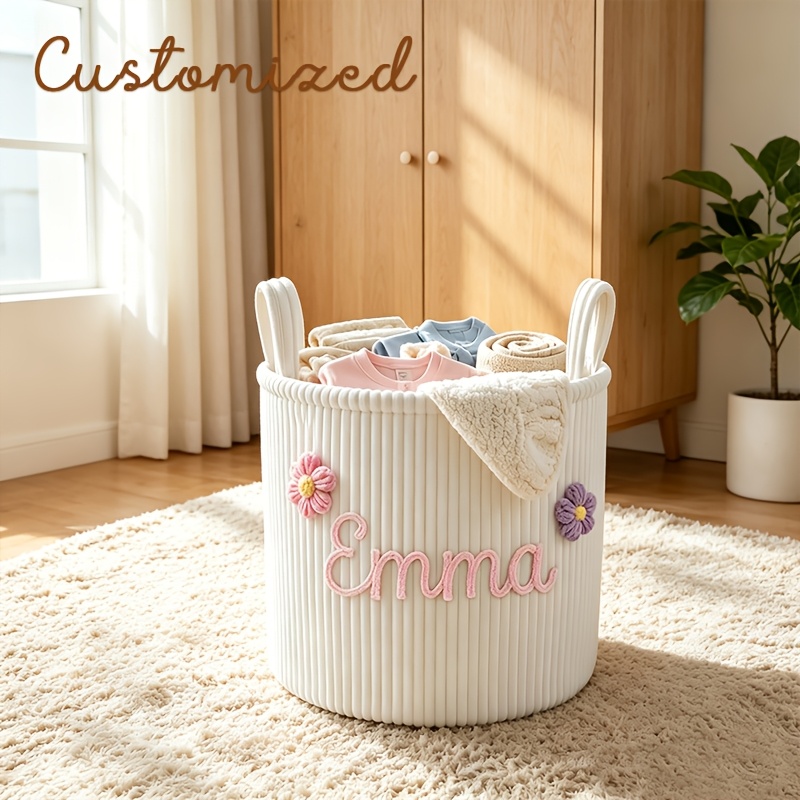 Personalized Name Corduroy Storage Basket with Carry Handle, Large Capacity