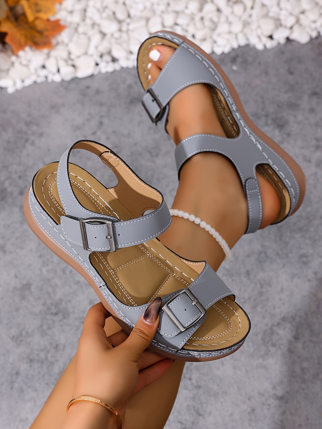 womens lightweight sandals navy blue cushioned insole non slip pu outsole for beach camping travel minimalist open toe shoes with   closure extended sizes     gift for women Product details 27