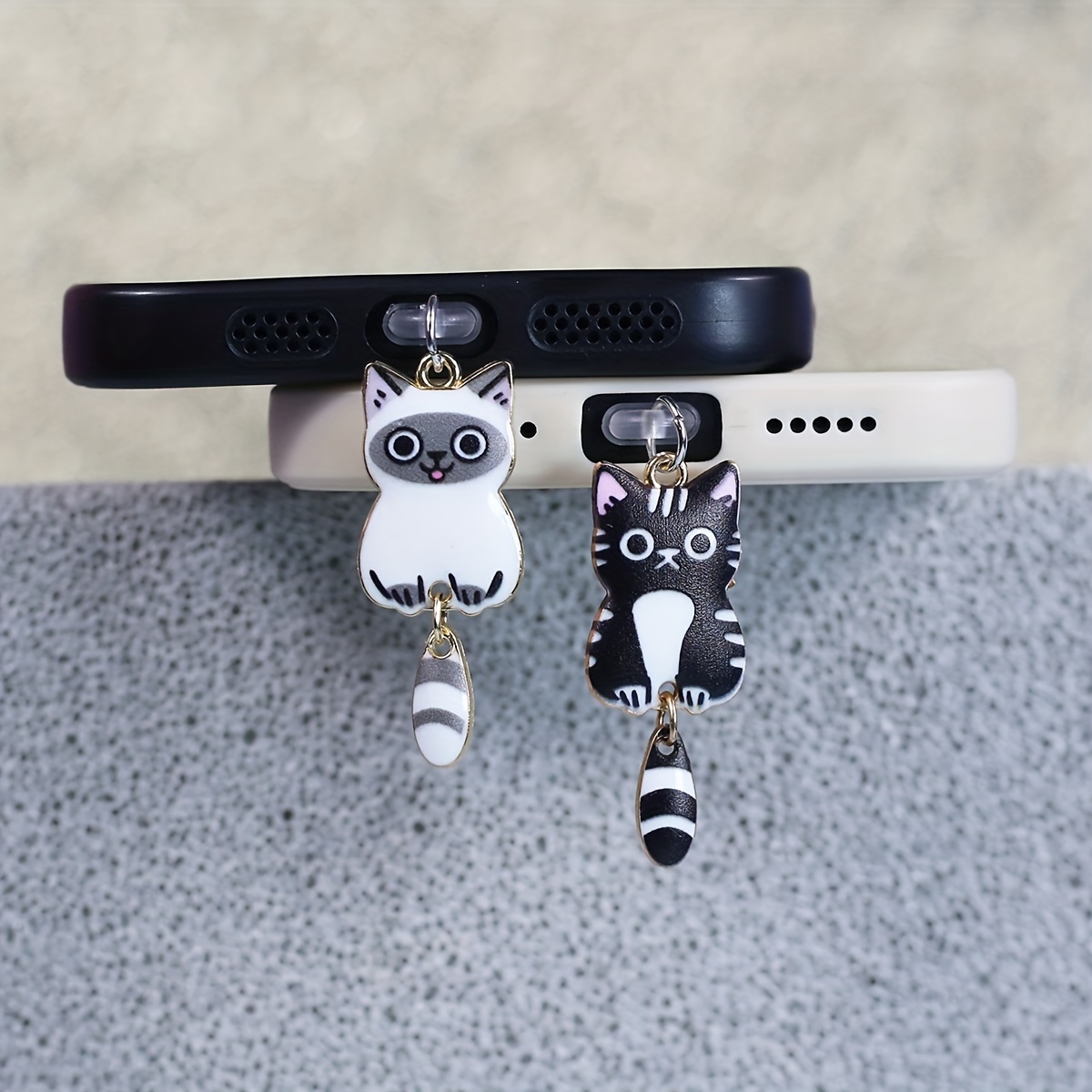 

Adorable Siamese Kitty Charm With Tail, Black And White, Phone Dust Plug Decorative Accessory For Iphone, Samsung, Type-c Charging Ports