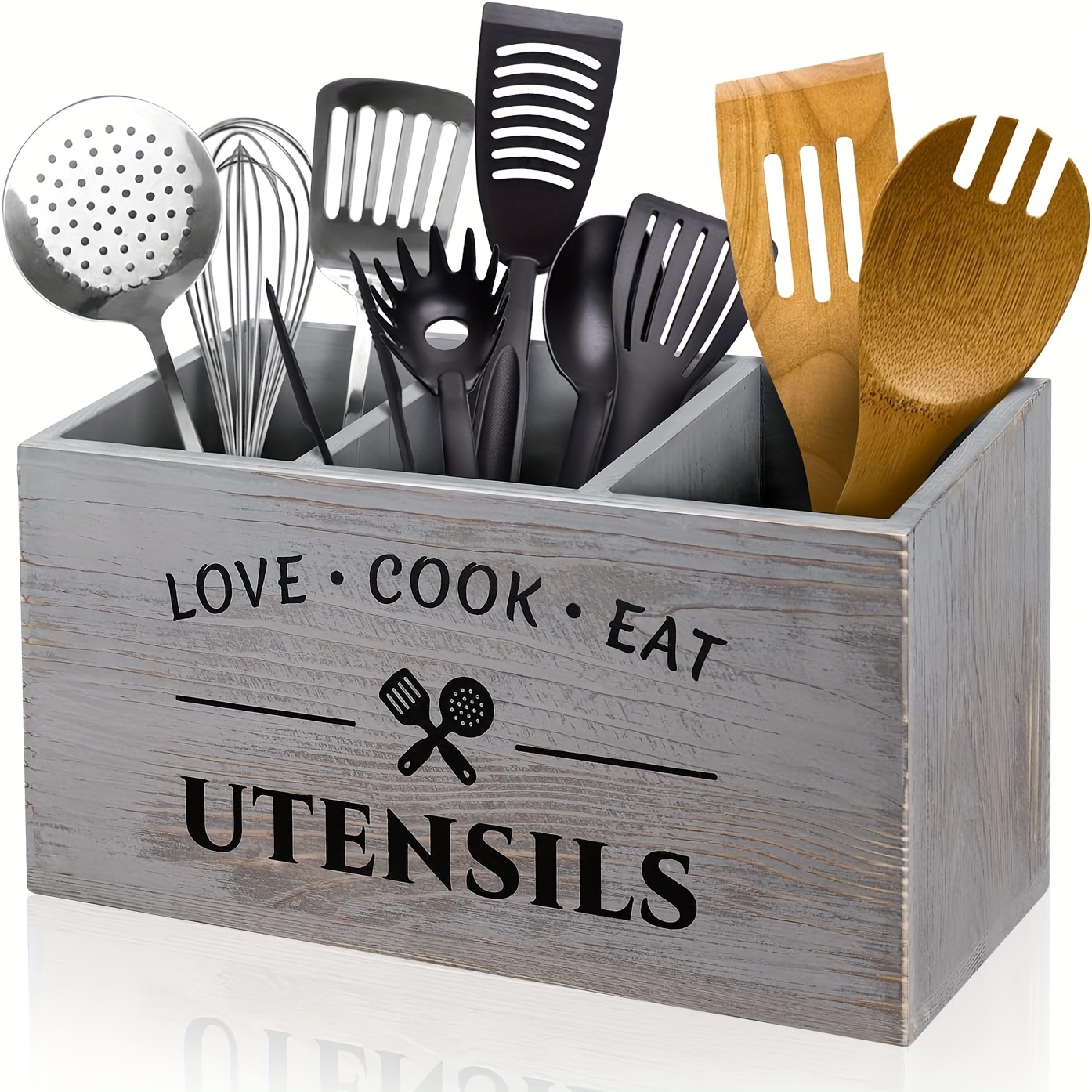 

1pc Flatware Organizer, Rustic Wooden 3-grid Utensil Caddy, Wall-mounted Flatware Organizer With "love Cook Eat" Design, For Kitchen And Restaurant, Kitchen Organizers And Storage, Kitchen Accessories