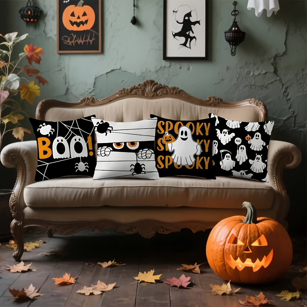 TEMU Set federe spettrali per cuscini di Halloween, copricuscini stampati su entrambi i lati con design di ragni, , fantasmi, zucche e lanterne,