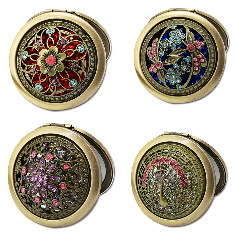 TEMU 4 Styles Of Retro Folding Mirror Metal Dressing Mirrors Mini Gorgeous Vintage Makeup Mirrors Pocket Size Double-sided Compact Makeup Mirrors