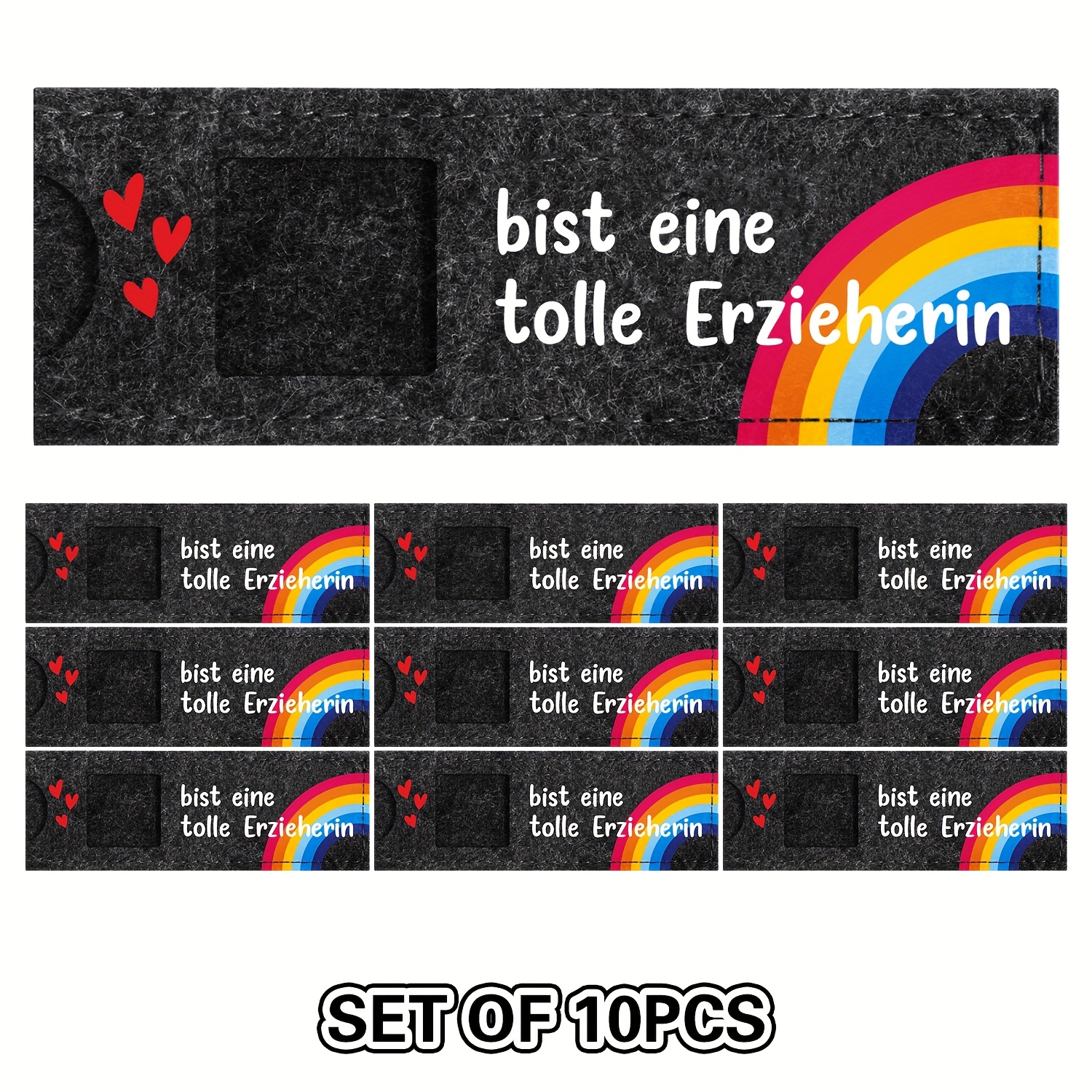 Image of A Set Of 10 Felt Gift Bags Featuring The German "du Bist Eine Tolle Erzieherin" For Chocolate Bars. Are Thoughtful Gifts For Teachers, Farewell Presents For Educators, Classroom Appreciation Items