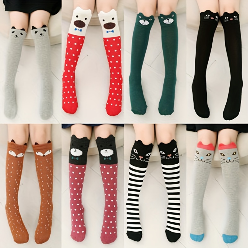 

2 Pairs Girl's Cat Striped Knee High Socks, Breathable Cotton Blend Comfy Long Stockings, Children's Trendy Socks Daily Wear