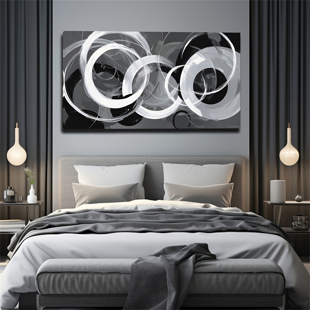 TEMU 2d Flat, 1pc Extra Large Abstract Black And White Wall Art - Modern Minimalist Canvas Painting With 3d Circles, Frameless Horizontal Large Wall