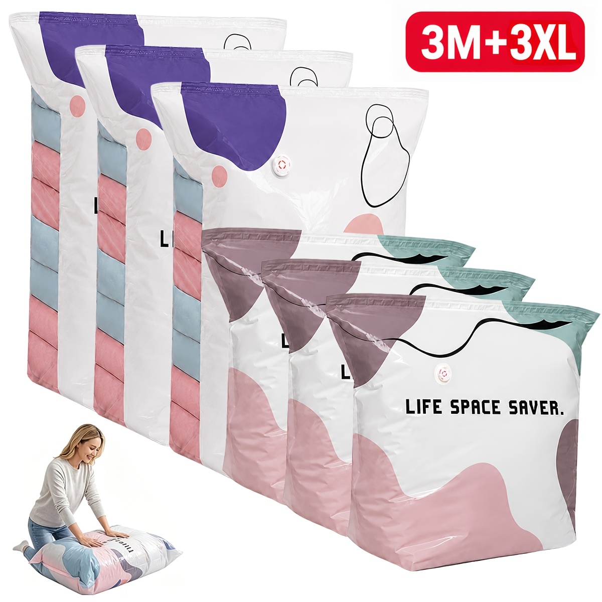 TEMU 6pcs Pump-free Compression Storage Bags, Reusable No-vacuum Space Saver Bags For Clothes, Comforters, Quilts & Bedding, Press-to-compress Travel