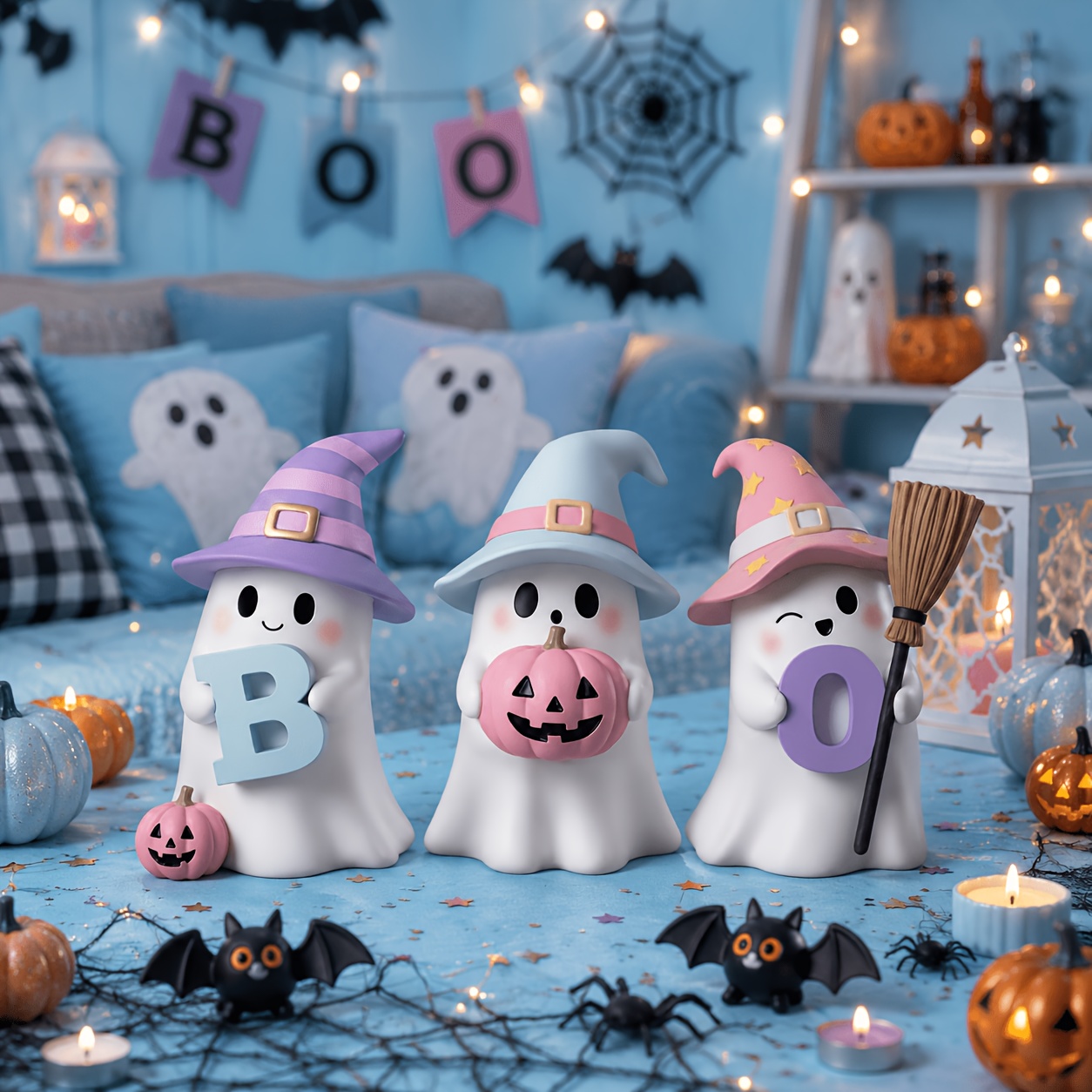 TEMU Halloween Ghost Ornament, Cute Reading 3pcs Set, Resin Crafts Desktop Holiday Background Arrangement