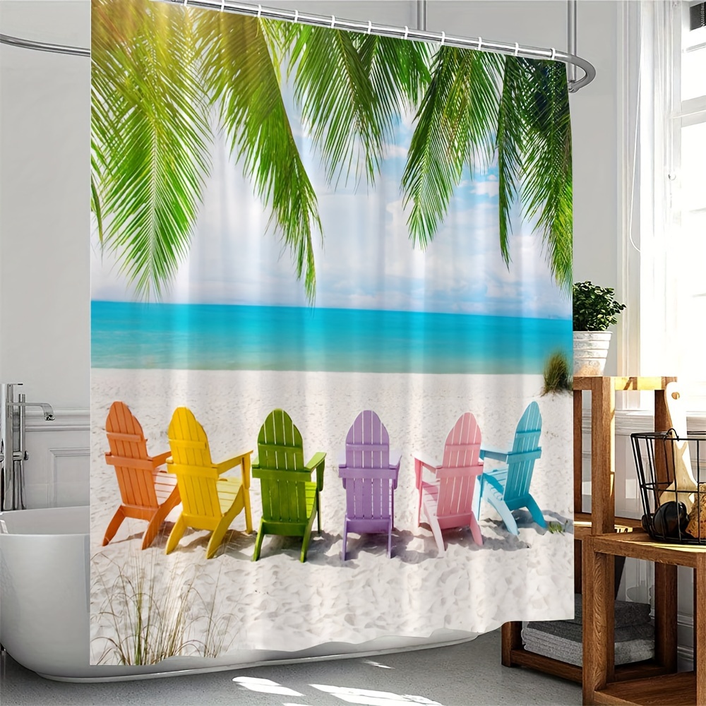 

1pcsbeach Shower Curtain Summer Ocean Scenery Colorful Beach Chair Tropical Palm Coconut Tree Sea Wave Birds Seaside Nature Bathroom Decor Polyester Fabric Curtains With Hooks