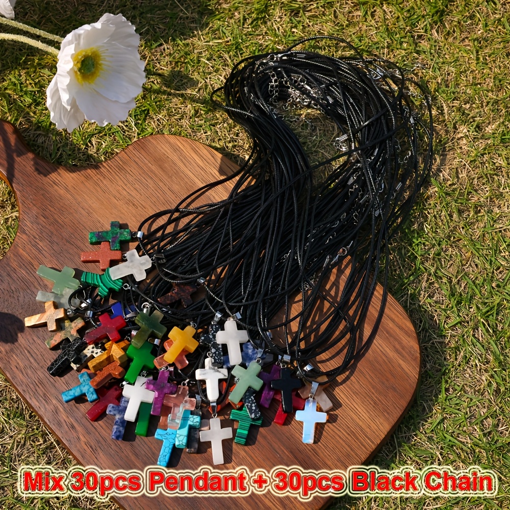 Image of 30pcs Stone Pendant With Black Faux Leather Chain Set - Quartz Gemstone Jewelry, Suitable For Making, Ideal For Necklace, Bracelet, And Earring Making