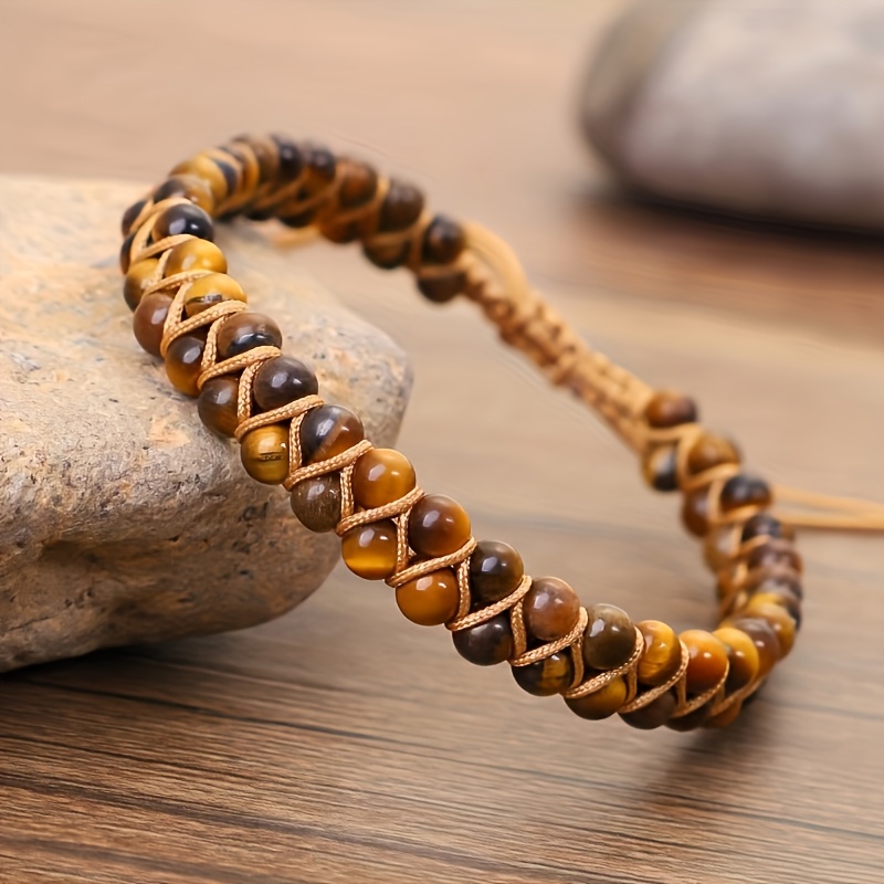 Adjustable Handmade 4mm Tiger Eye Stone Women's Bracelet - Vintage Bohemian Style, Double Layer Braided Design, With Earthy Aesthetic, Suitable For Vacation And Casual Wear, Tiger Eye Jewelry