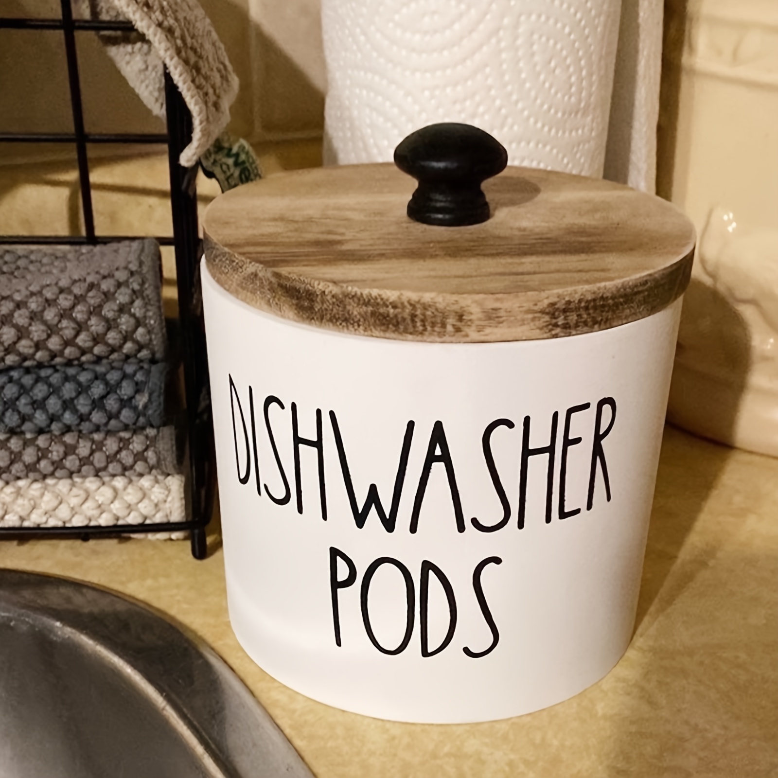 TEMU Rustic Wooden Round Dishwasher Detergent Holder With Lid - "dishwasher Pods" Label, Ideal For Laundry Powder Storage, Kitchen Decor Accessory,