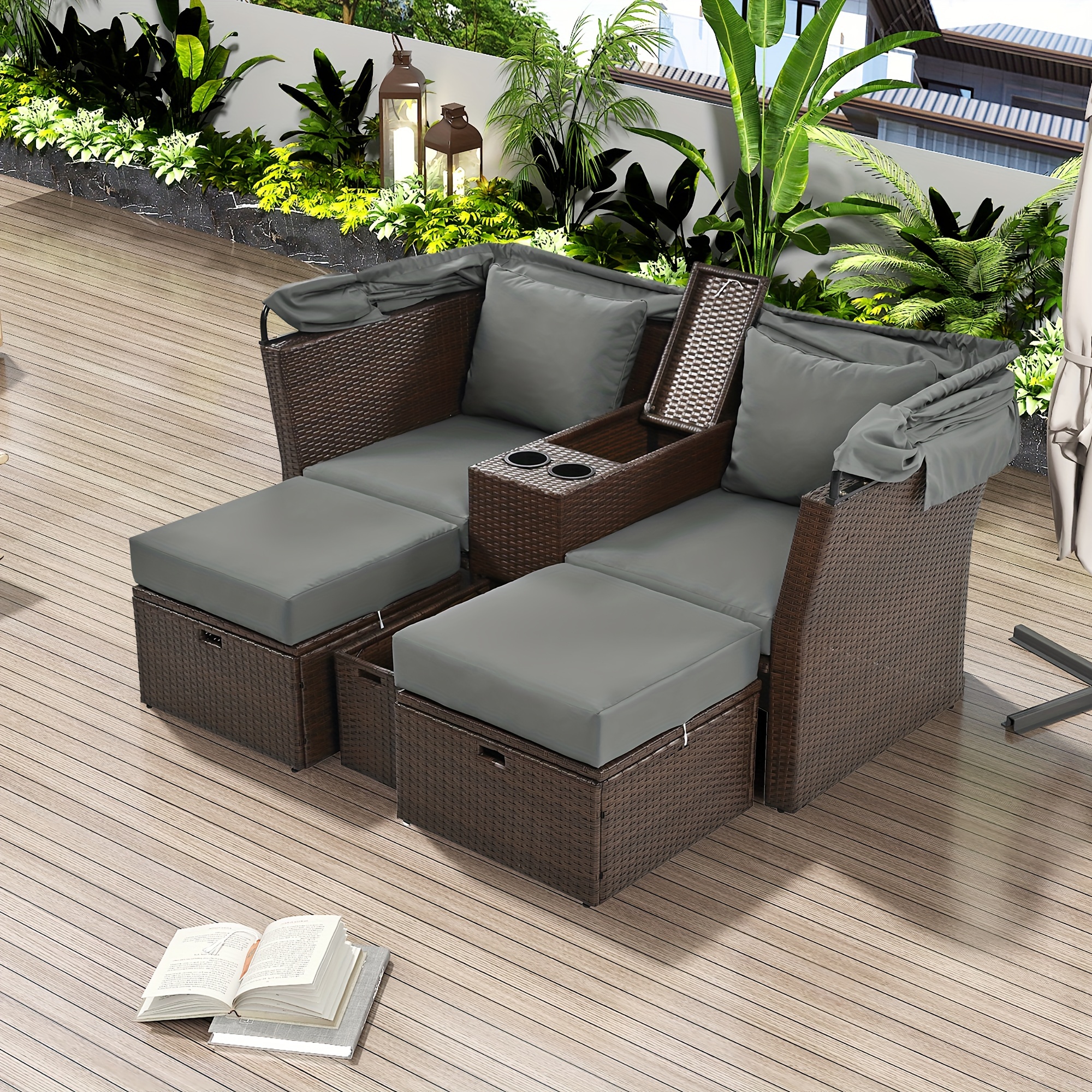 

2-seater Outdoor Patio Daybed, Loveseat Sofa Set With Foldable Awning And Cushions For Garden, Balcony, Poolside