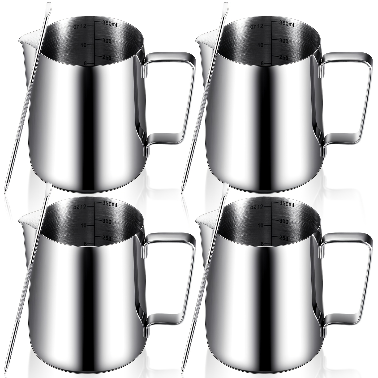 TEMU 4pcs Milk Frothing Pitcher 12oz Espresso Steaming Pitcher Milk Frother Cup With Latte Art Pen Stainless Machine Accessories Cappuccino Barista Tools Milk Jug Cup