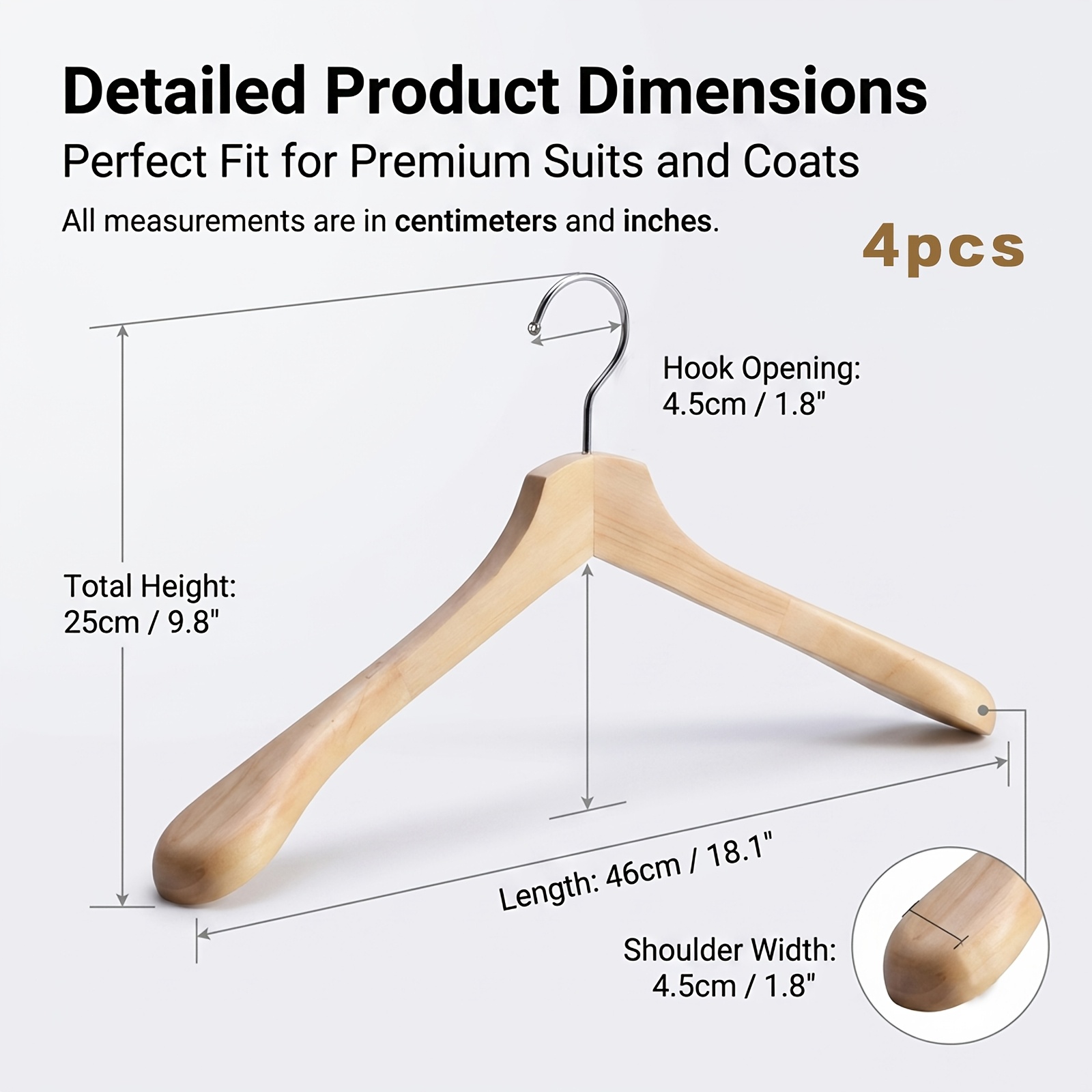 Widened Natural Solid Wood Hangers - 4 Pack, Non-slip No-mark Shoulder-corner Wooden Clothes Hangers, Suitable For Coats, Suits, And Jackets
