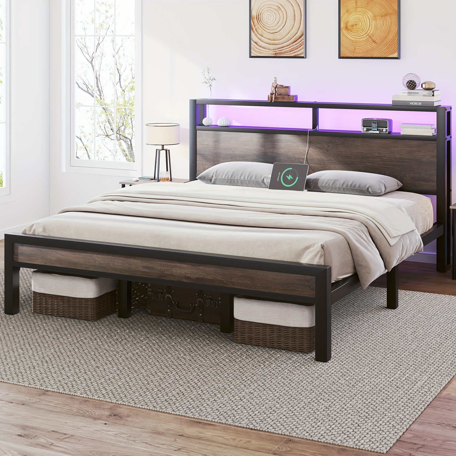 TEMU Full/queen/king Size Bed Frame With Storage, Metal Platform Bed With Headboard, Charging Station And Led Lights, Spring Needed, Noise-, Easy