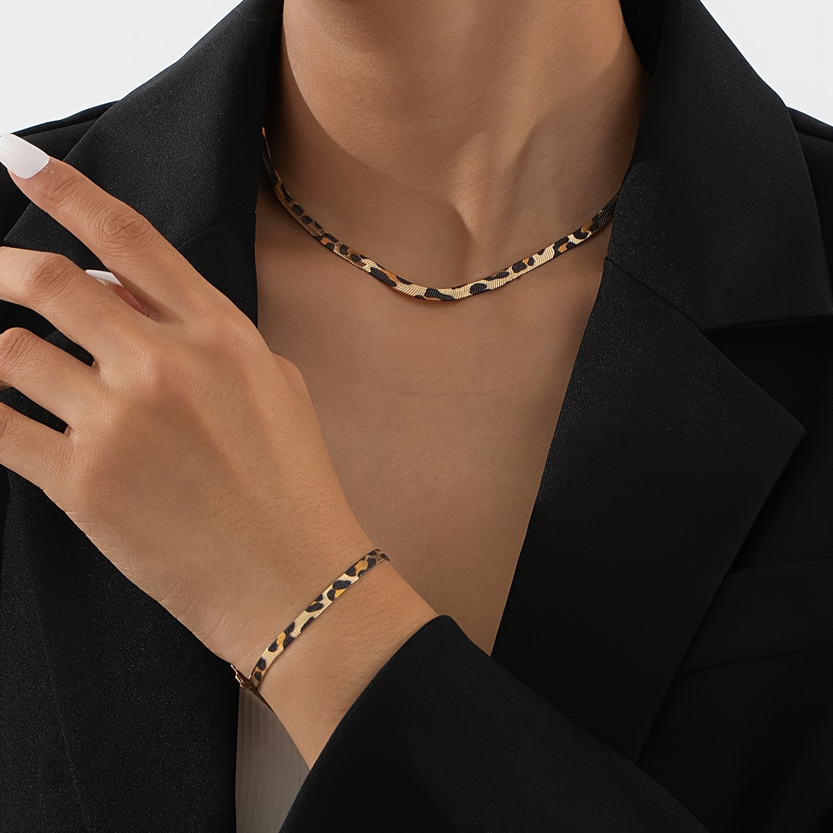 TEMU A Leopard Print Chain Necklace And Bracelet Set, Women's Fashion Printed Jewelry, An For Holiday Gifts