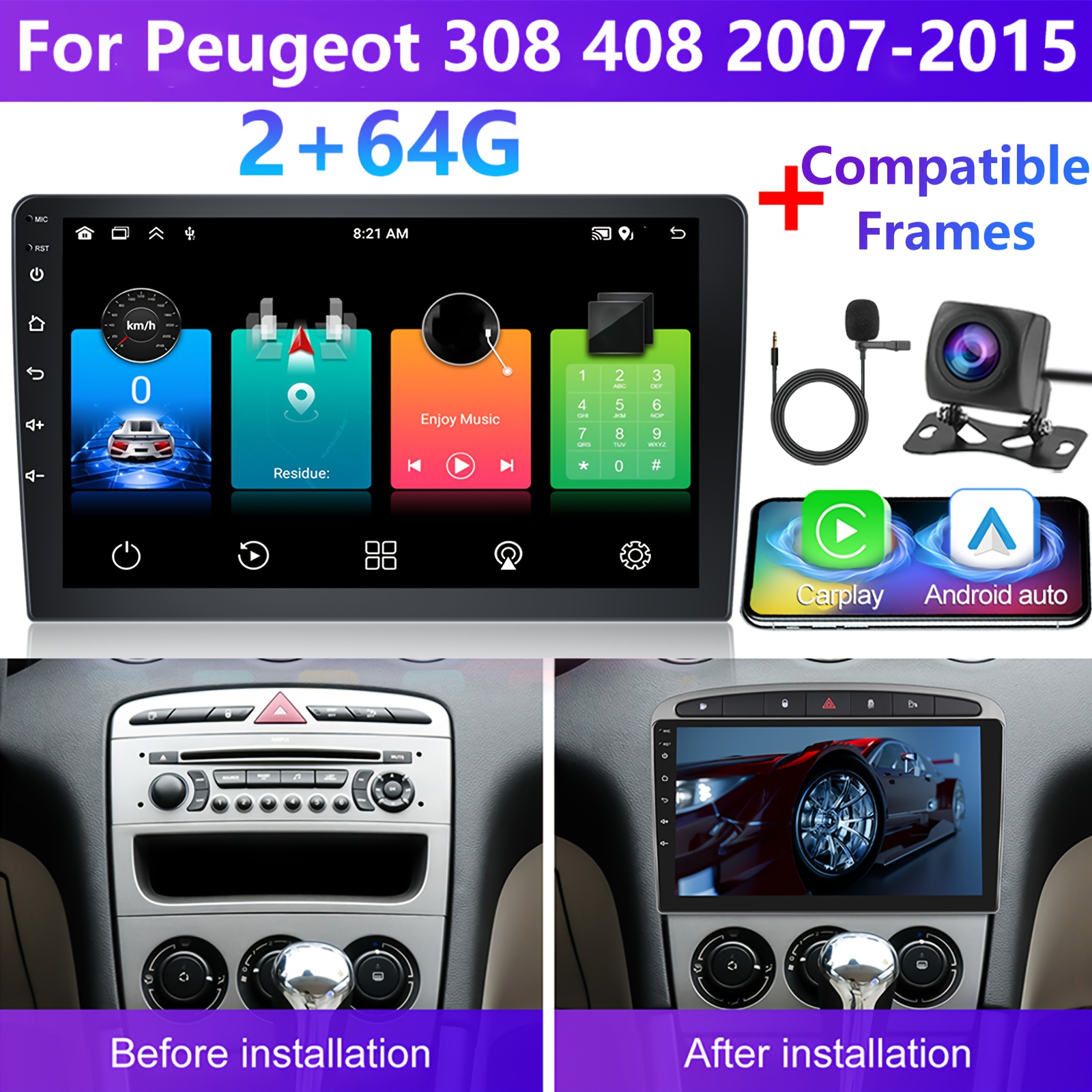 Image of [2g+64g]podofo 15 Car Stereo For 408 2007-2015(frame Included) Double Din Auto, 9 Inch Touchscreen Car Din With Gps Navigation Wireless Fm Hifi Wifi Usb + Ahd Backup Camera + Mic