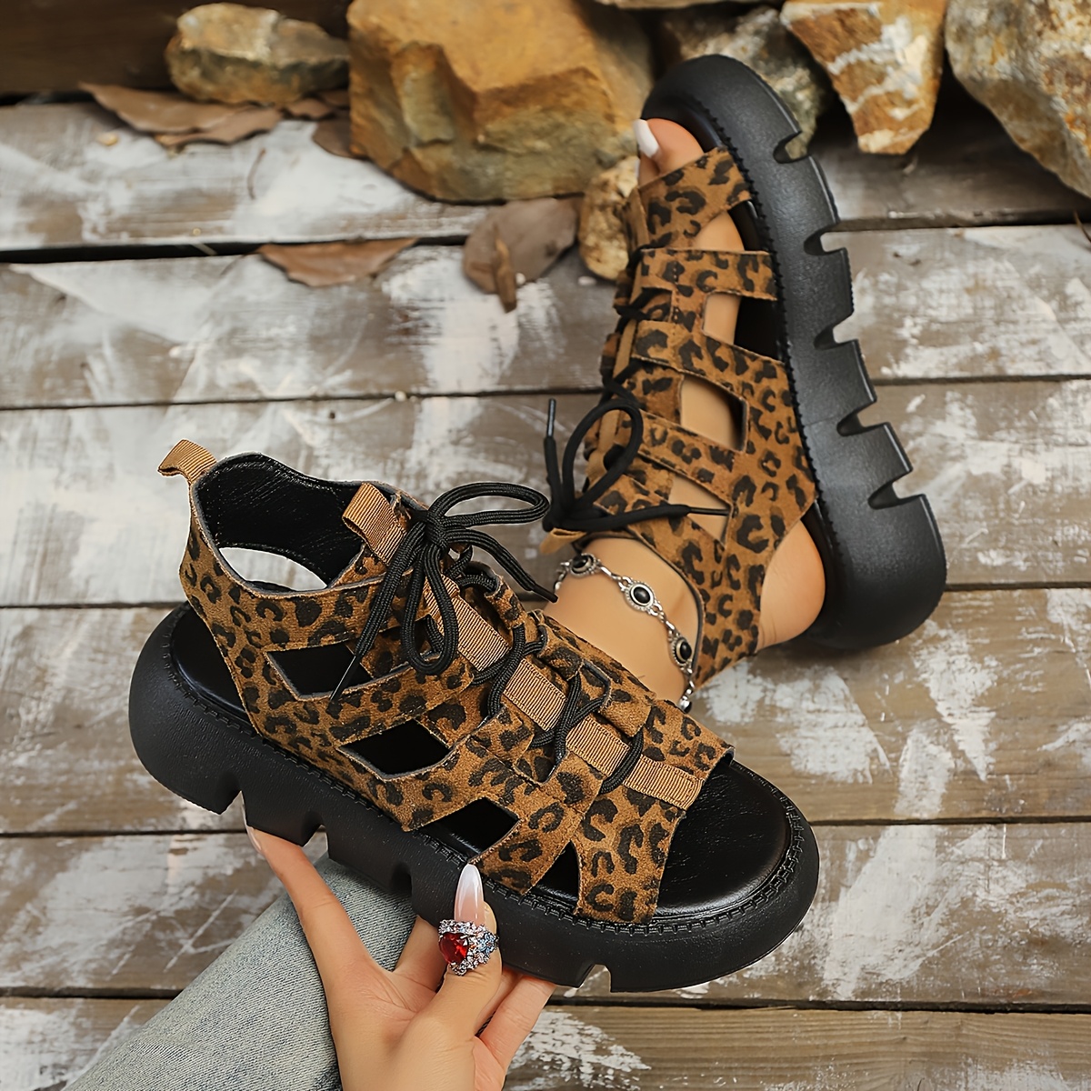 TEMU New Stylish Summer Wedge Sandals For Women, In Sizes 36-42, Featuring A Retro With A Leopard Print And -toe., Women Shoes
