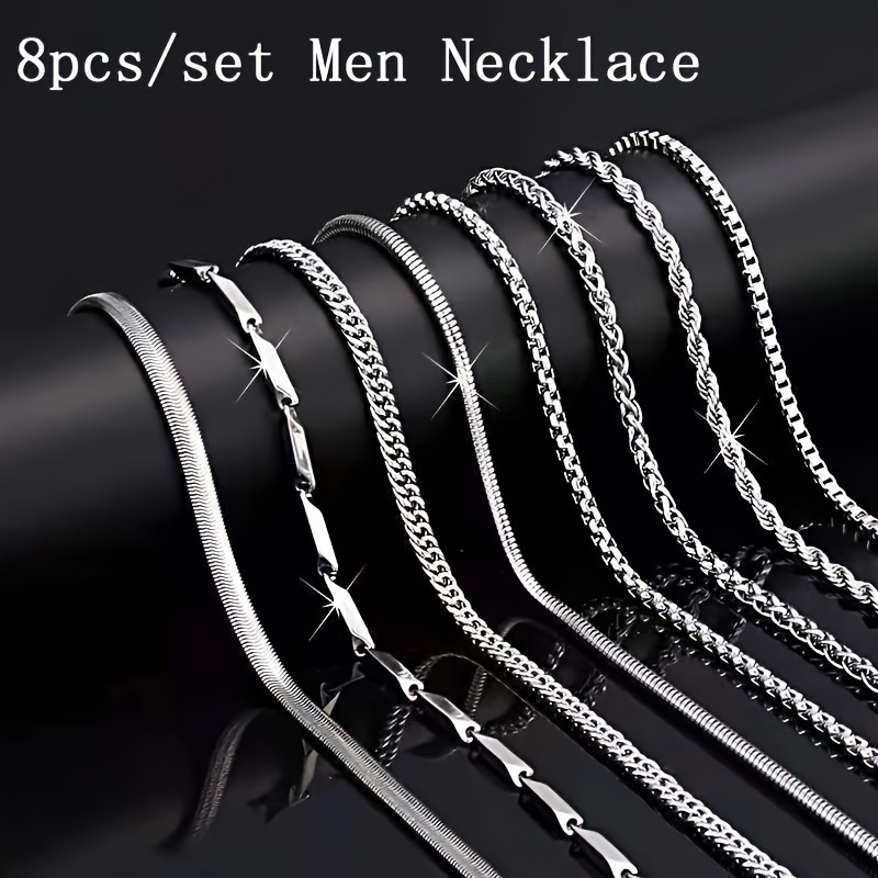 

8pcs/set Men Stainless Steel Necklace Stylish & Durable Chain, Men's Casual Hip Hop Necklace, Ldeal Gift For , Includes Cuban & Twisted Chains, Perfect For Boyfriend, Son, Father's Day & Birthday Gift