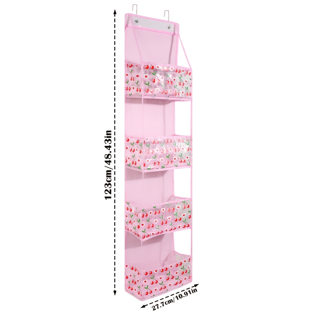 TEMU 1 Pack 4 Tier Cherry Print Hanging Storage Organizer, Pink Transparent Wall Hanging Storage Bag, Multi Pocket Wall Caddy For Bedroom Cosmetic