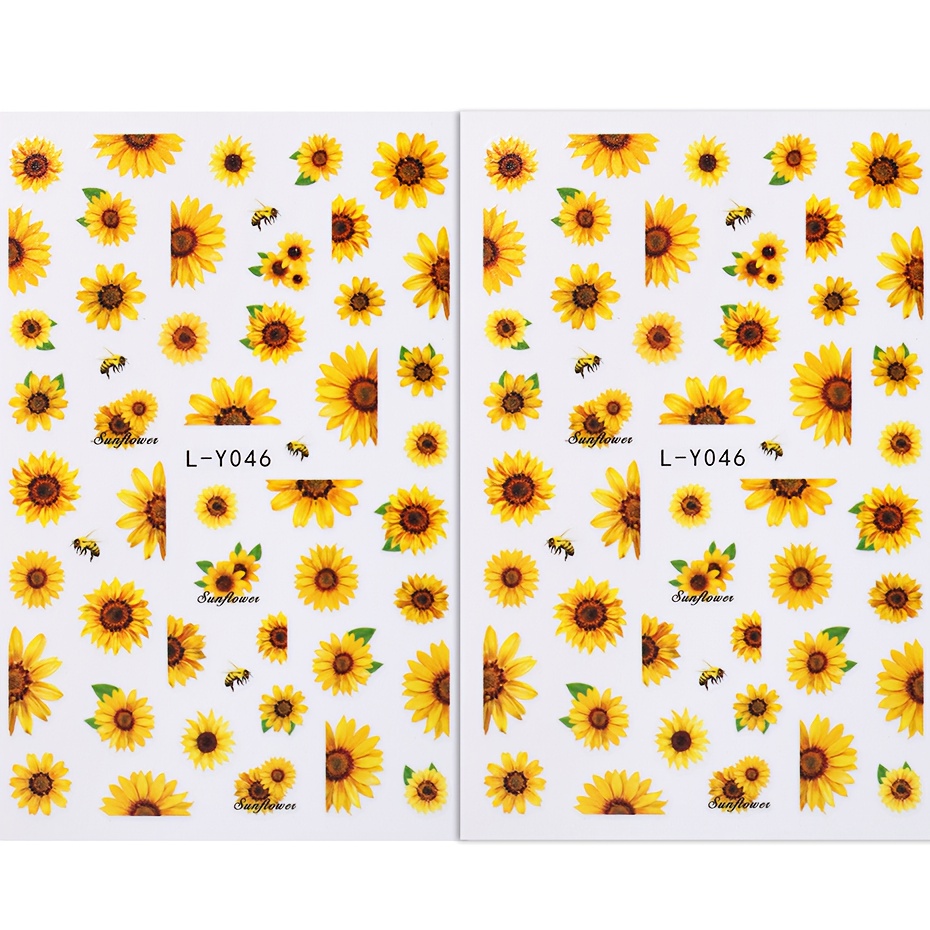 Set Of 2 Self-adhesive Nail Stickers Featuring Summer Yellow Sunflowers And Bees