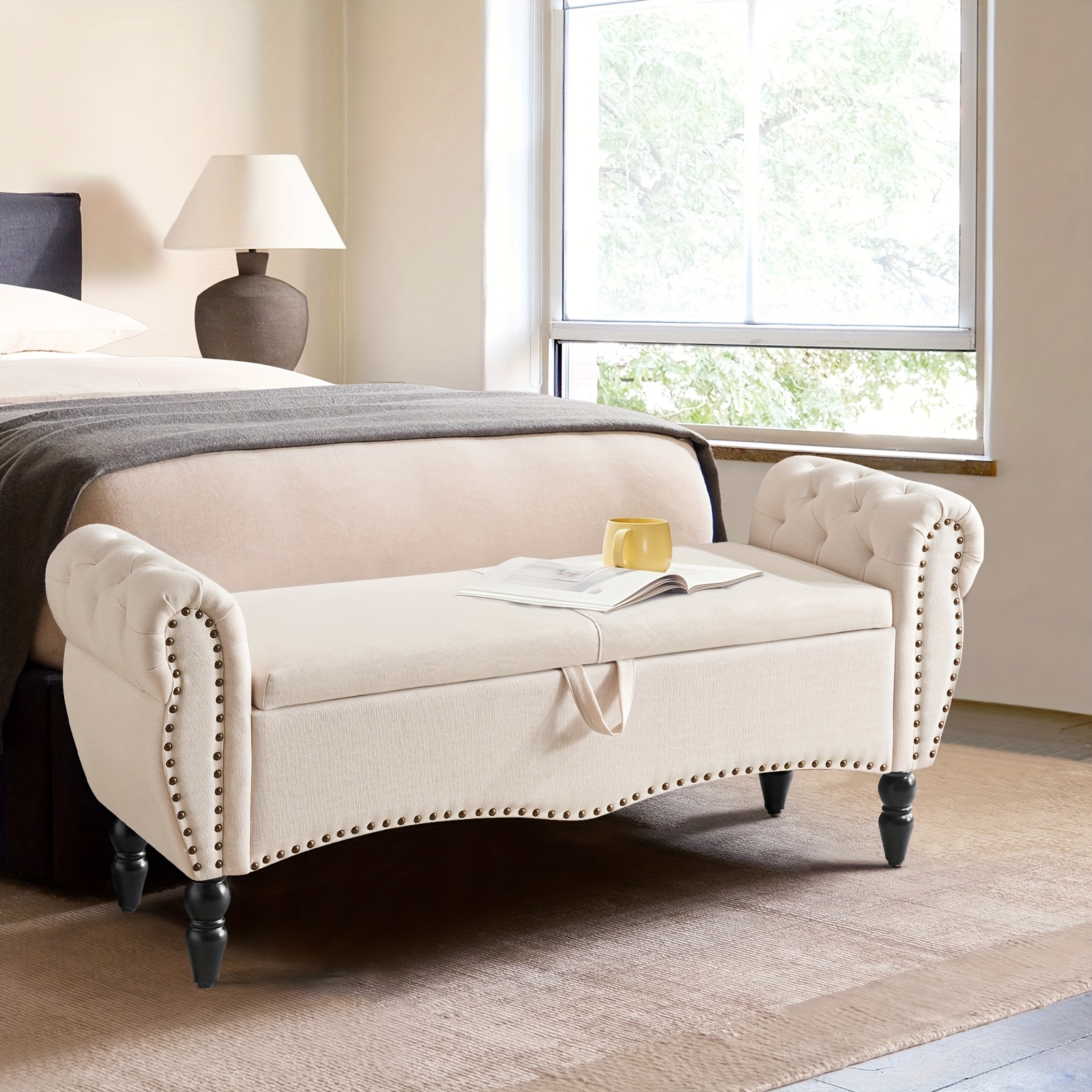 Mid-Century Modern Large Capacity Wooden Storage Box, Bedroom End of Bed Chair with Roll-Up Arms - Spacious Storage Space, Flip-Top Design, Perfect for Bedroom, Living Room, Hallway - Durable, Sturdy, Easy to Assemble