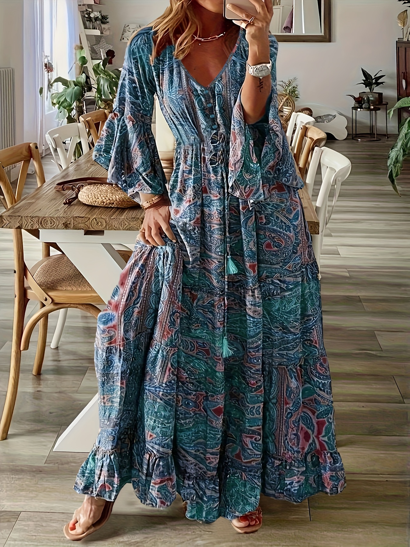 Women's Bohemian Floral Print V-Neck Flared Sleeve Maxi Dress A-Line  *-Calf Length Machine Washable Spring Summer Casual Vacation Dress, Cute  Summer
