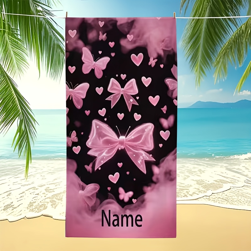 TEMU Serviette de plage 1 pièce ultra-douce, confortable, grande taille, personnalisée avec nom, motif personnalisé de cœur et nœud, adaptée pour les