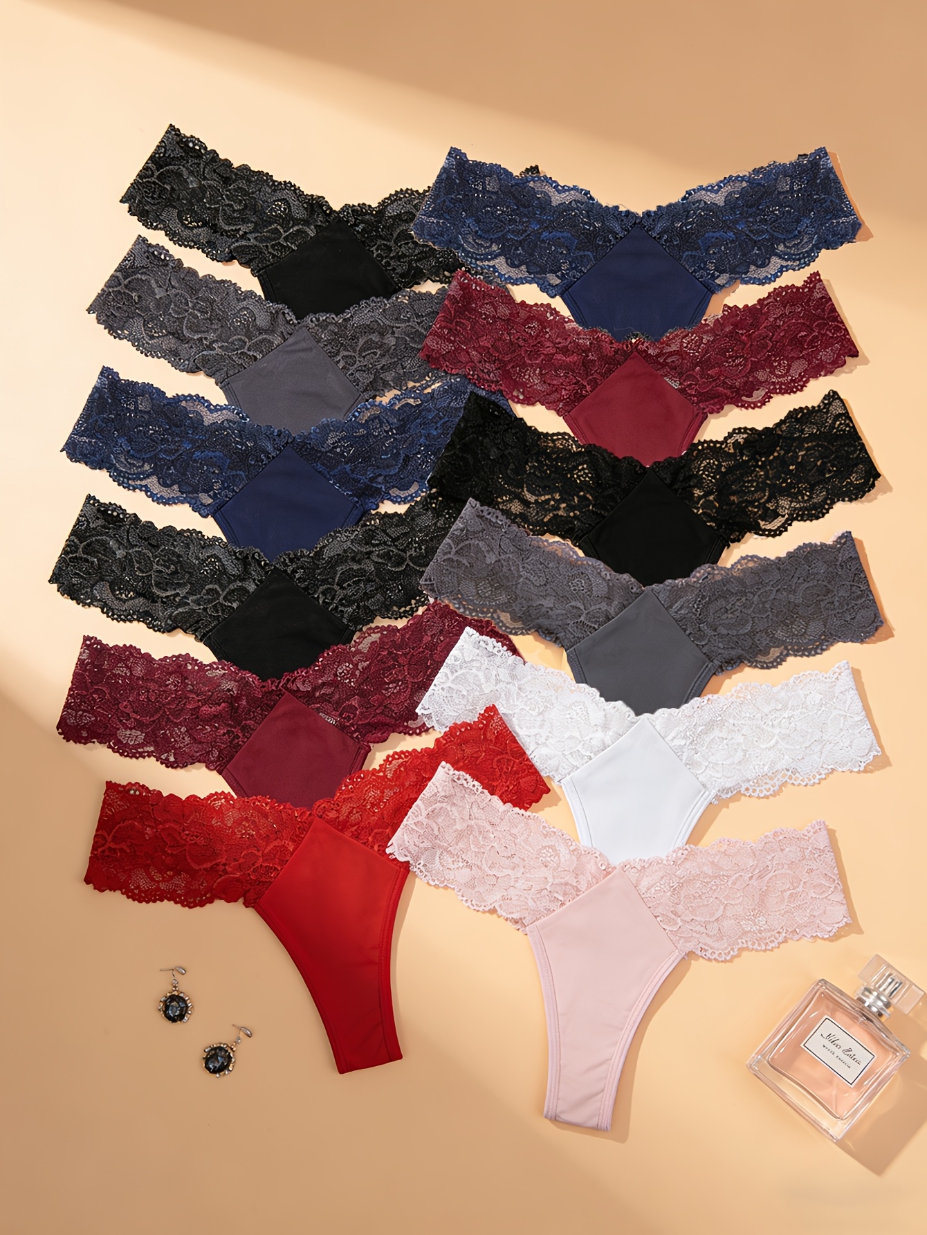 12pcs Women's Thong Underwear - Sexy Lace Trim V-Thong Panties, Soft Breathable Multi-Color Assortment (Navy, Burgundy, Black, Grey, Pink) - Comfortable Stretchy Everyday Low-Waist Lace-Like Undies for All-Day Wear