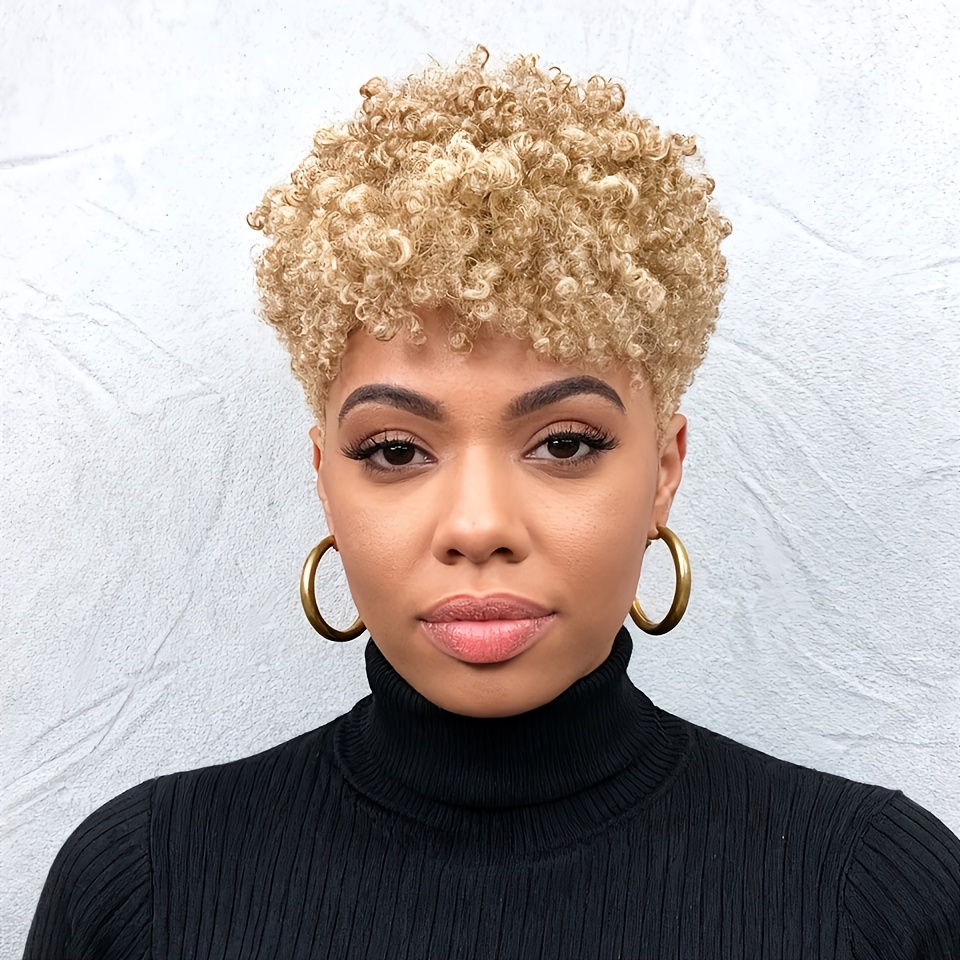 TEMU Perruque courte Afro bouclée Cut pour femmes avec frange, fabriquée à partir de cheveux humains brésiliens colle, bonnet en filet de rose et