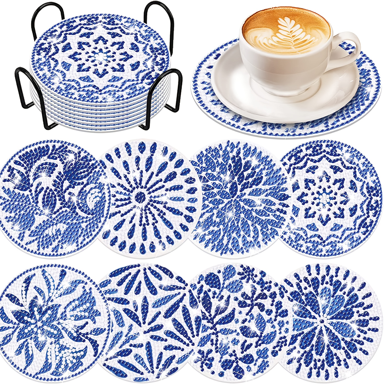 

8 Pieces Of Blue And White Porcelain Diamond Painting Coasters With Brackets, Diy Diamond Art Coaster Set, Suitable For Beginner Art And Craft Supplies