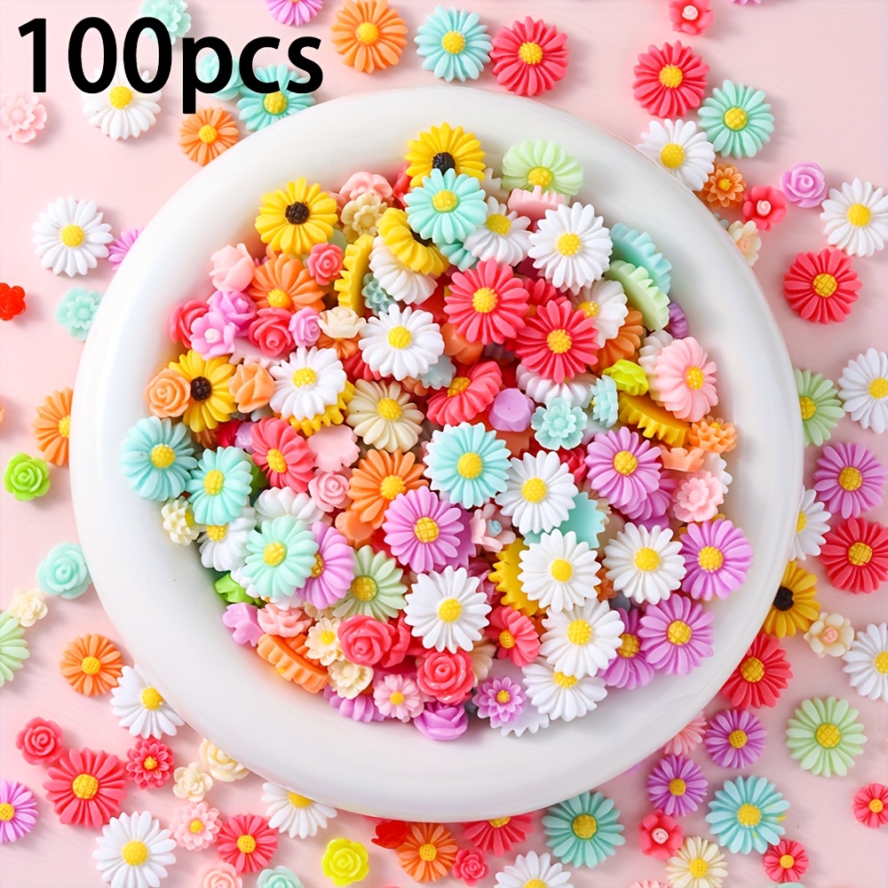 Image of 100pcs Assorted Styles Mixed Small Resin Accessories Flower Decorative Beads, Suitable For Diy Cream Glue Hair Clips, Phone Cases, And Hair Accessory Making Materials