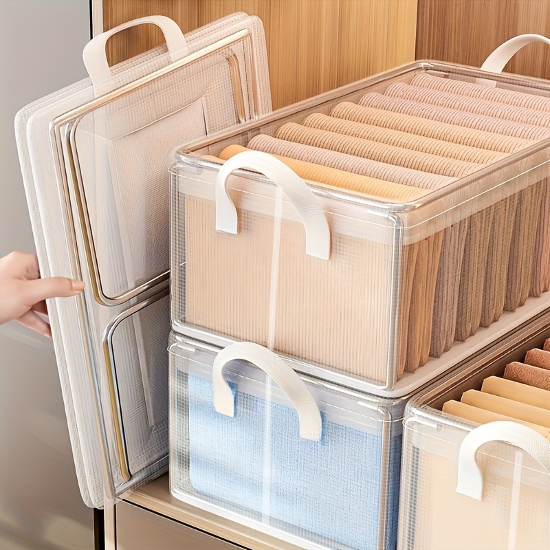TEMU 3pcs Stackable Transparent Plastic Storage Bins With & Handles – Foldable Organizer Boxes For Clothes, Books, And – Home, Dorm, Or Office