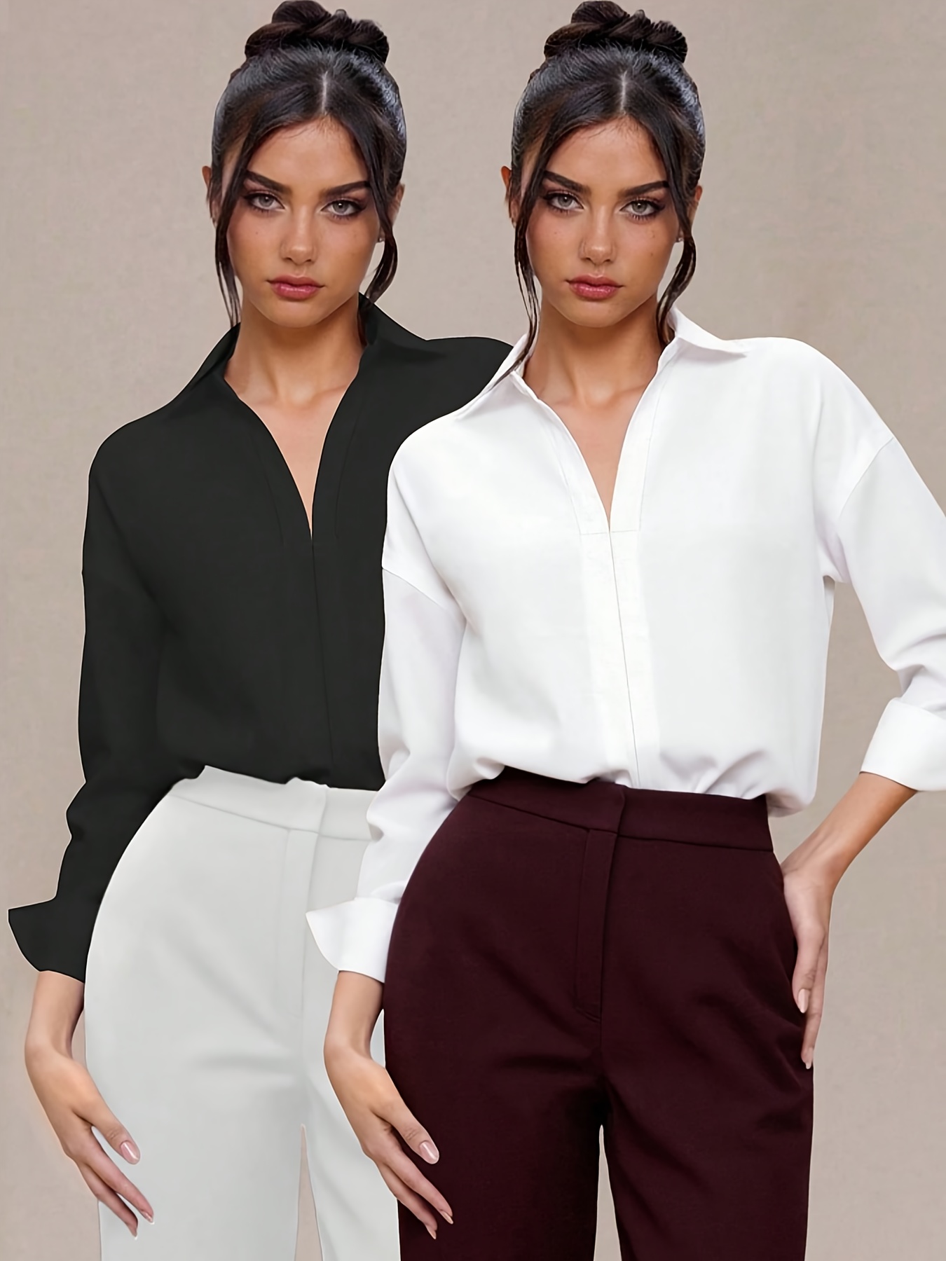 womens elegant fashion collared long sleeve bodysuit black and white two piece set Product details 2