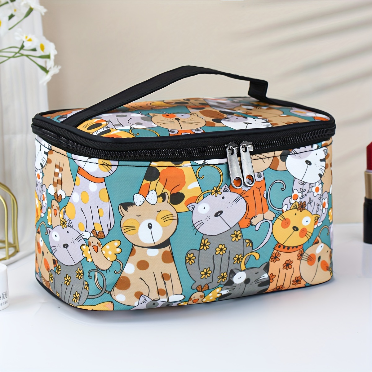 TEMU Whimsical Kitty Cosmetics Case: Large, Waterproof, And Adorable - Perfect For Your Makeup Essentials