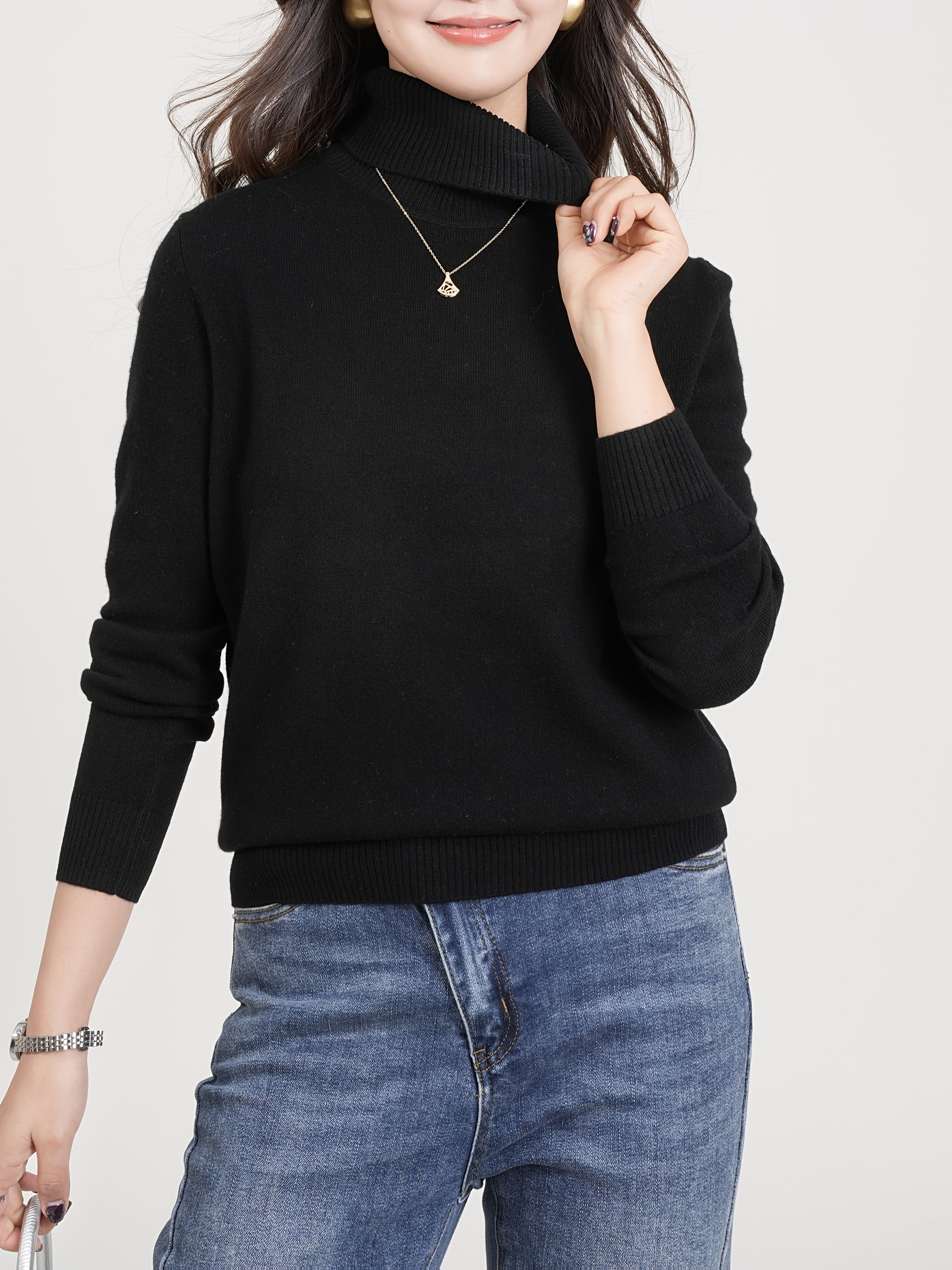 Tanmolo Damen Rollkappenpullover - Lochmuster Ärmel Winter Strickpulli