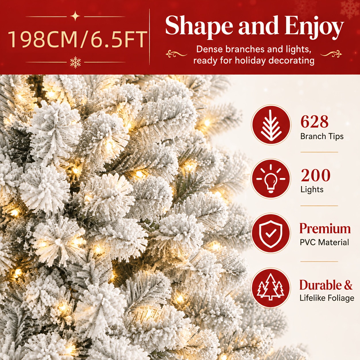 TEMU Árbol de Navidad de 2.1 nieve escarchada y luces preinstaladas, 330 luces LED , 13 de luz, 996 puntas de nevadas, memoria de luces, escarchado