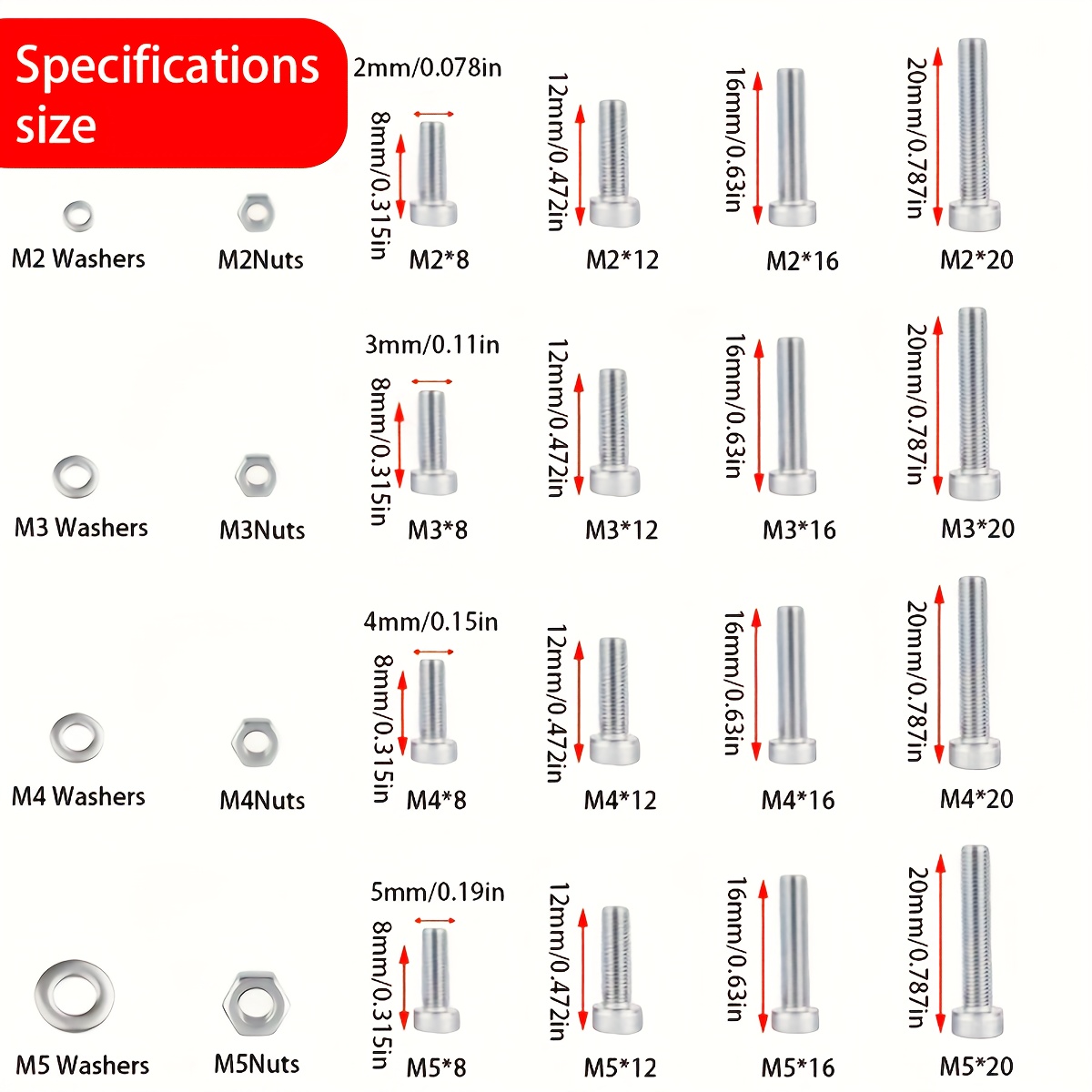 Juego de 480 piezas de tornillos y tuercas hexagonales de acero inoxidable - M2, M3, M4, M5, cabeza hexagonal - Incluye llave de fregona plana
