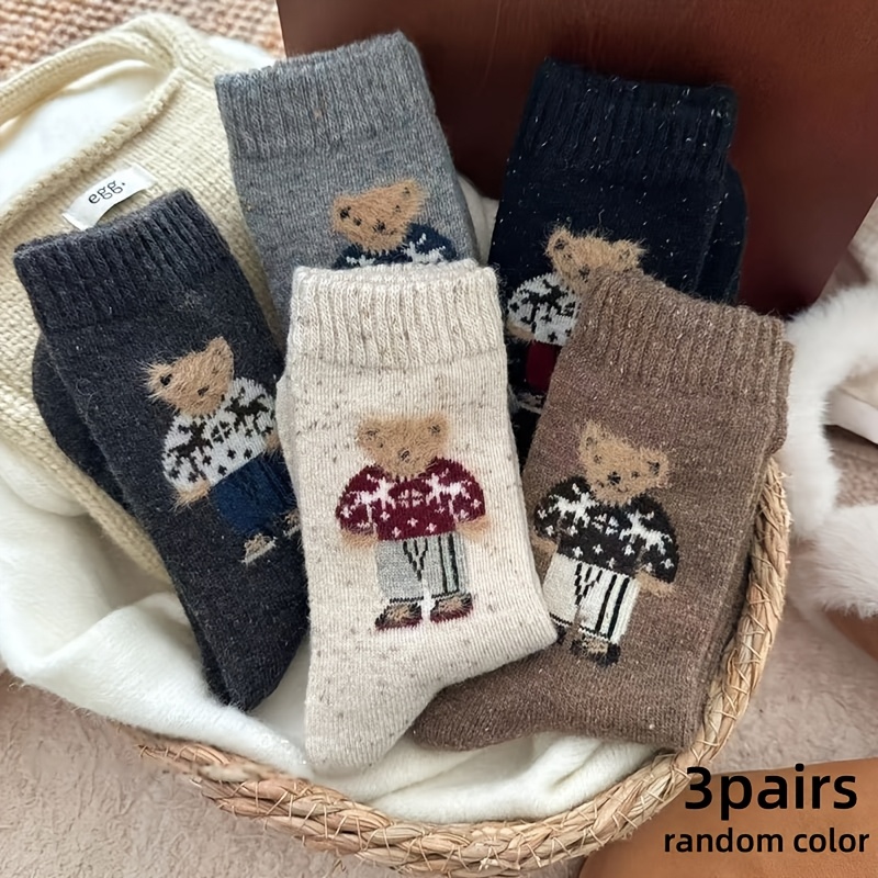 

3pcs Vintage Bear Pattern Socks For Couples - Breathable & Sweat Absorbent, Cozy Polyester , Fall/winter, Cute Socks