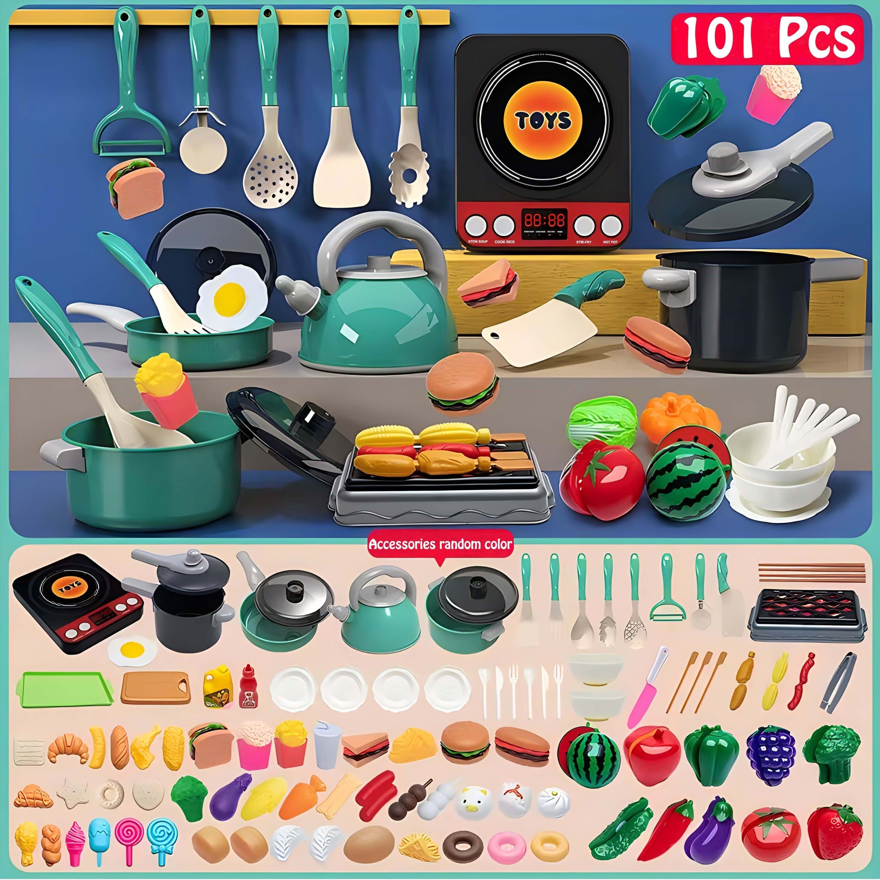  Juego de 48 juguetes de cocina para niños, juego de cocina de  simulación con juguetes, utensilios de cocina y utensilios, comida de  juguete, frutas y verduras para jugar, accesorios de cocina