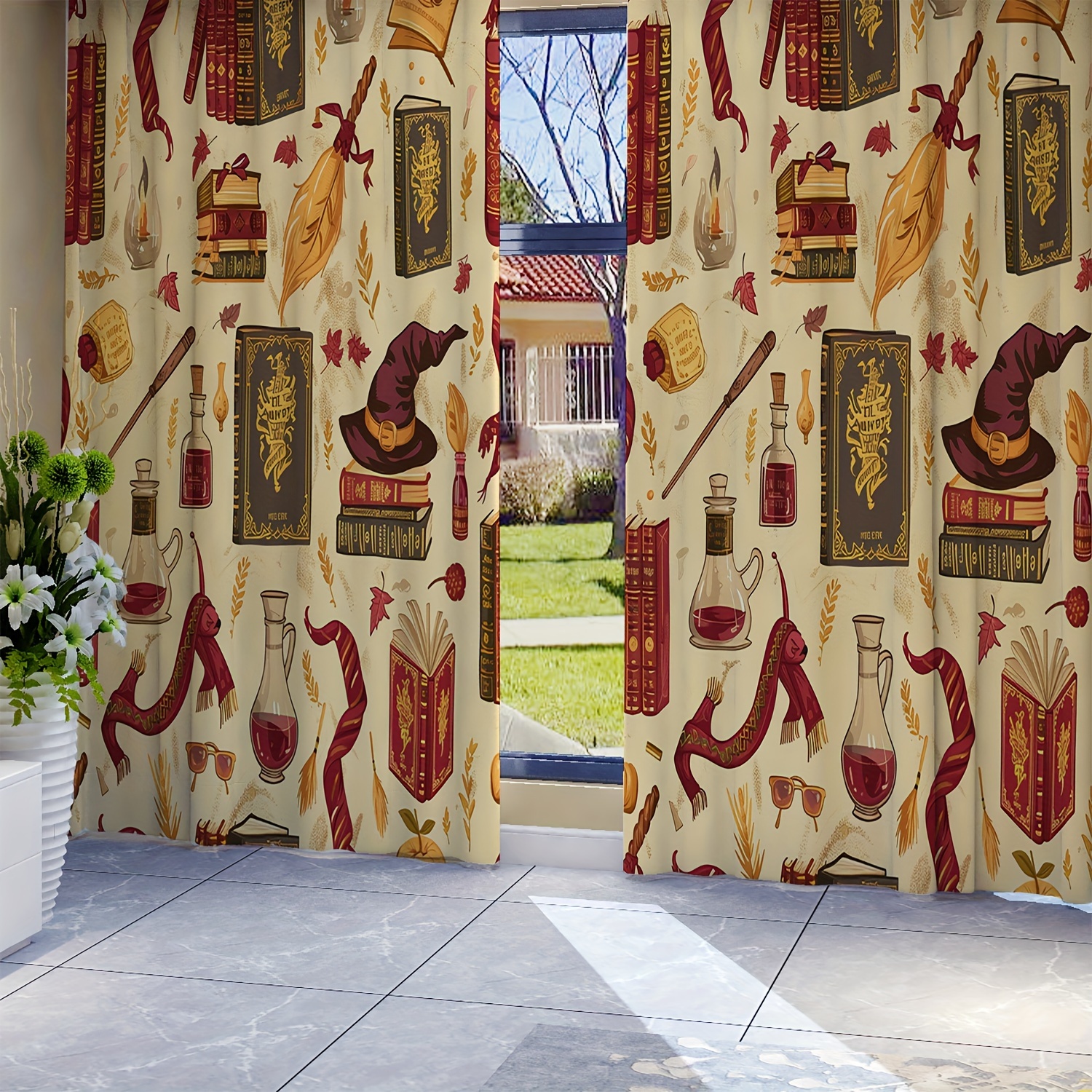 

2pcs, Universal Vintage Halloween Hat Magic Book Leaf Print Curtain, Living Room Curtain Rod Pocket Curtain Living Room Furniture Decoration Home Decoration