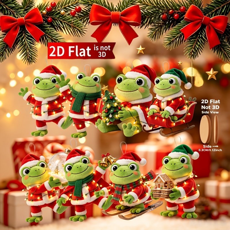 TEMU 2d Flat, 8pcs Pack 8pcs Suitable For Christmas Frog Ornaments With Santa Hats - Artificial Frog Tree Decorations, Wall-mountable Hanging Frogs
