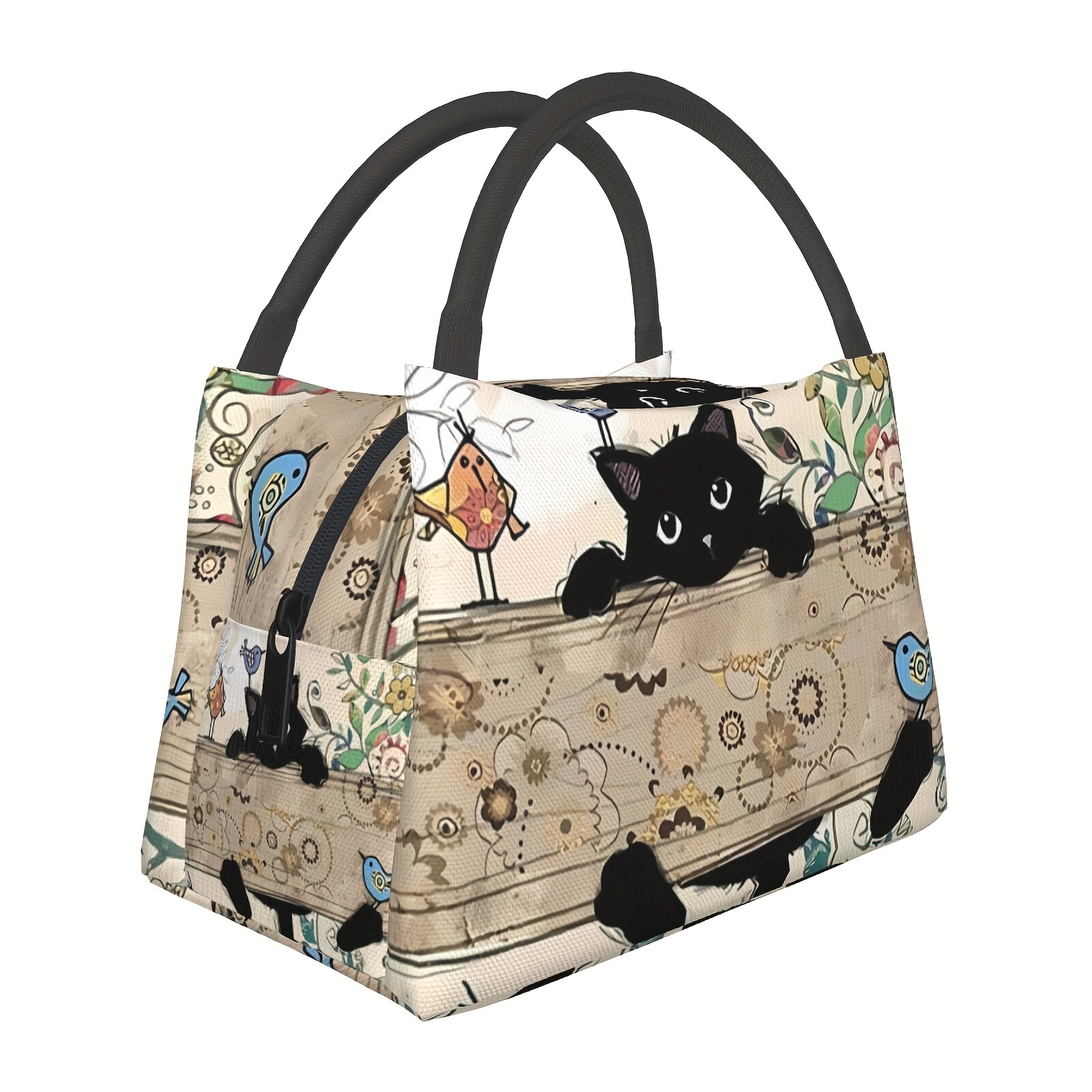 

Black Cat And Bird Pattern Portable Insulated Lunch Bag, 11x6.3x6.7in, Suitable For Camping, Picnics, Beaches, And Outdoor Activities